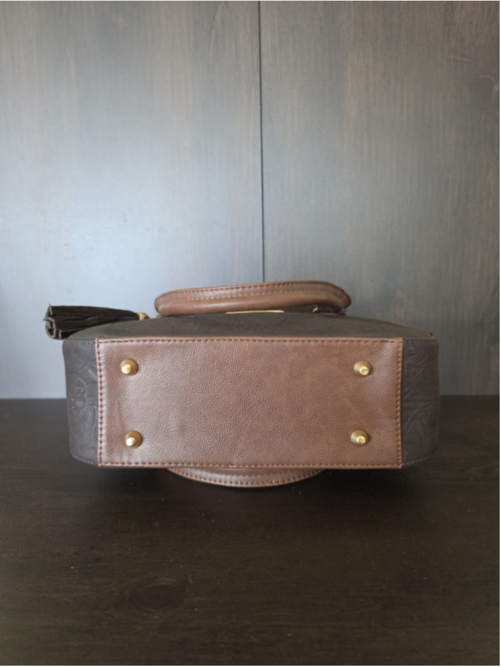 Dark Brown Tasseled Floral Embossed Tooled Artisan LEATHER Crossbody Purse Bag - Picture 12 of 16